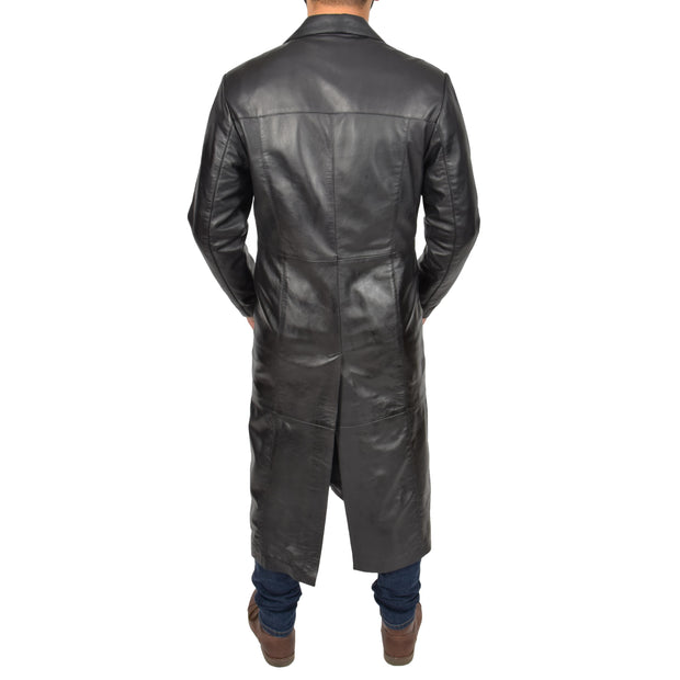 Mens Leather Overcoat Full Length Trench Coat Blade Black Back