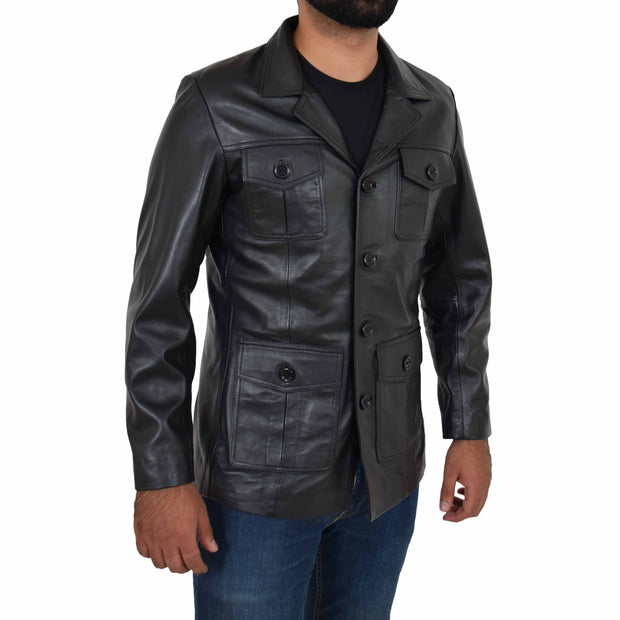 Mens Real Leather Safari Jacket Retro Blazer Coat Sylas Black