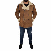 Mens Real Leather Jacket Double Breasted Pea Coat LORENZO Khaki 4