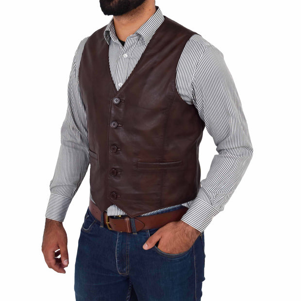 Mens Full Leather Waistcoat Gilet Traditional Smart Vest King Brown Front 2
