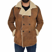 Mens Real Leather Jacket Double Breasted Pea Coat LORENZO Khaki 6