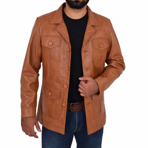 Mens Real Leather Safari Jacket Retro Blazer Coat Sylas Tan Open 2