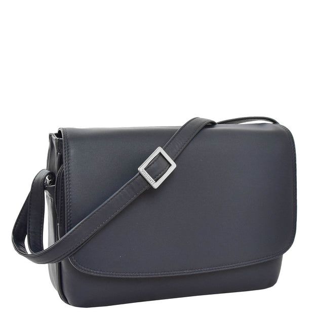 Ladies NAVY Leather Shoulder Bag Flap Over Handbag A190 Front With Belt
