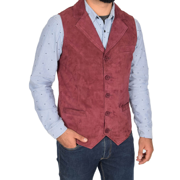 Mens Real Suede Leather Waistcoat Classic Vest Yelek Status Burgundy Front 2