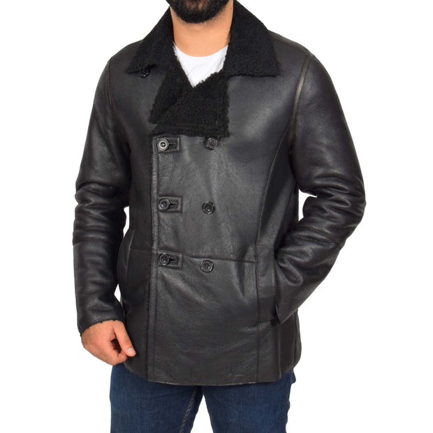 Mens Authentic Sheepskin Jacket Reefer Blazer Pea Coat Lorenzo Black Front 2