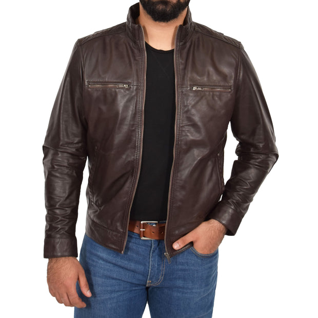 Mens Genuine Leather Biker Jacket Fitted Zip Up Coat Felix Brown Open 2