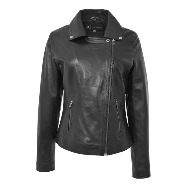 Womens Genuine Leather Biker Jacket Designer Fitted Coat Myla Black Close Neck