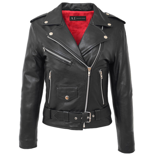 Womens Cowhide Black Biker Jacket Tough Heavy Duty Leather Brando Style Kira Front