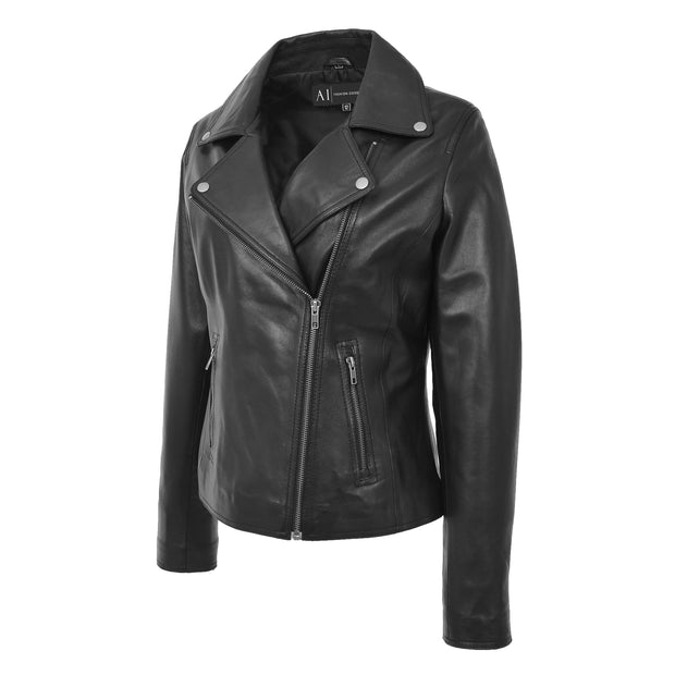 Womens Genuine Leather Biker Jacket Designer Fitted Coat Myla Black Front 1