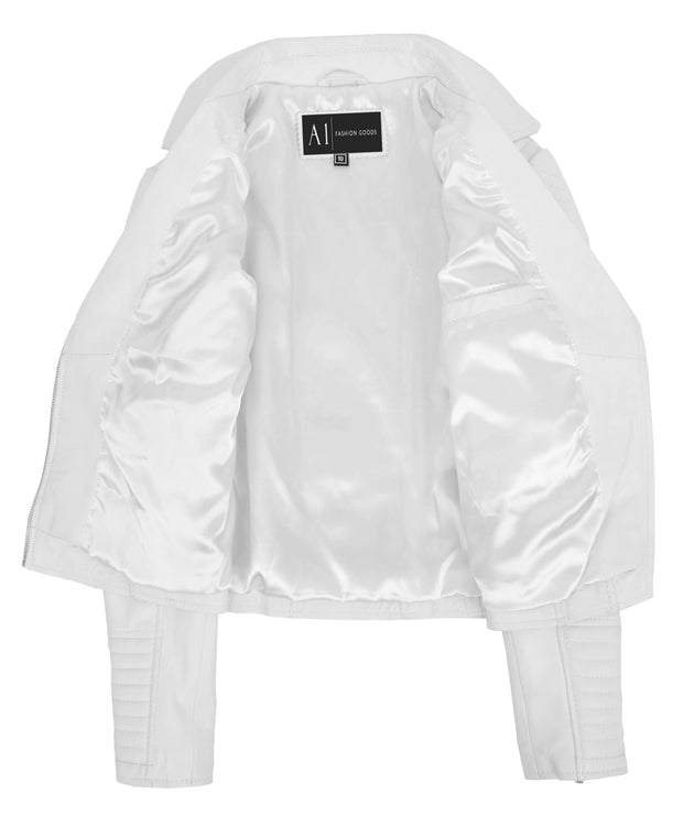 Womens Designer Leather Biker Jacket Fitted Quilted Bonita White-5