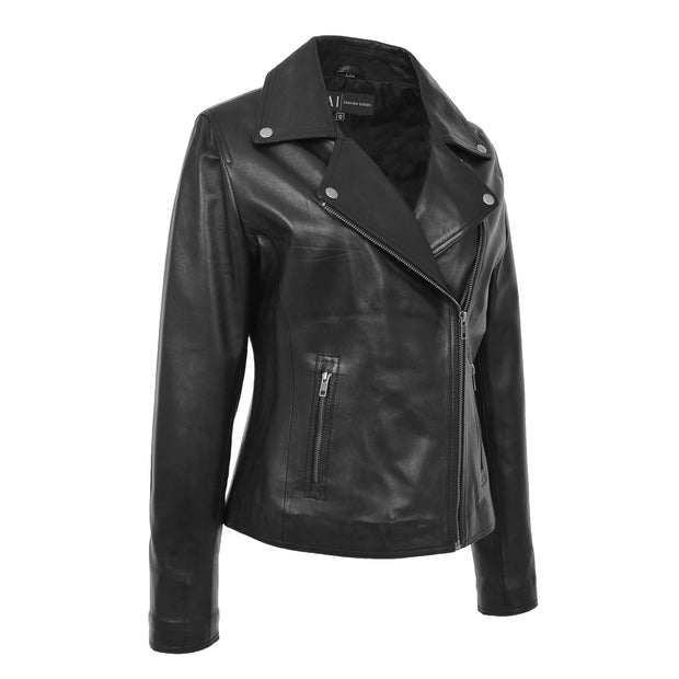 Womens Genuine Leather Biker Jacket Designer Fitted Coat Myla Black Front 2