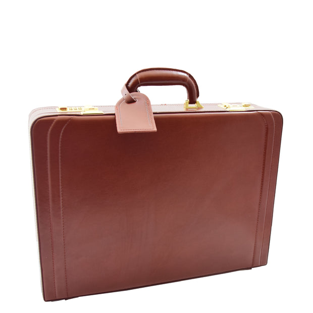 Mens Leather Attache Case Cognac Twin Lock Classic Briefcase - Musk4