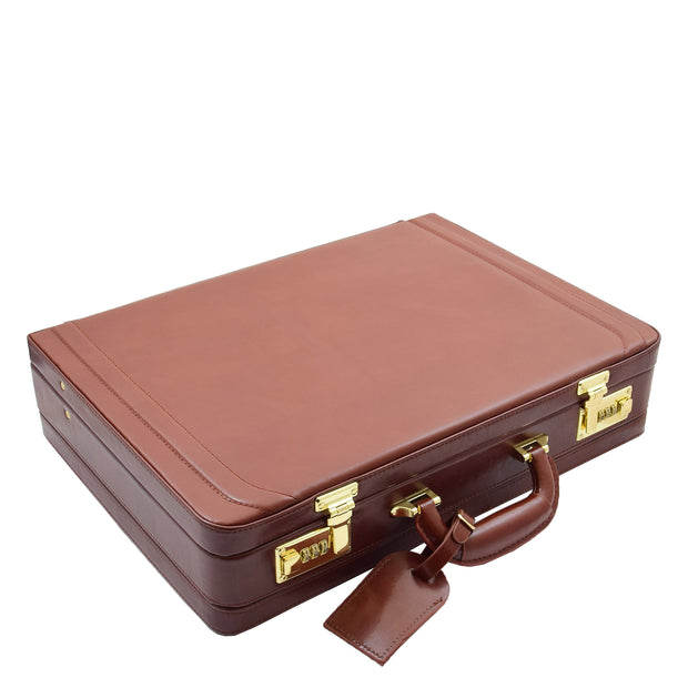 Mens Leather Attache Case Cognac Twin Lock Classic Briefcase - Musk