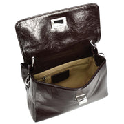 Womens Genuine Leather Small Handbag Glossy Casual Top Handle Crossbody Bag with Turn Lock Oisin Brown