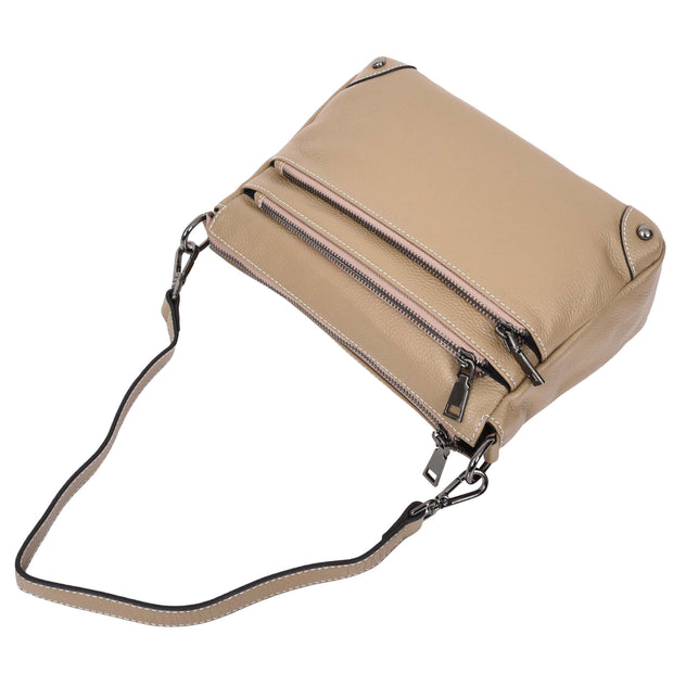 Womens Leather Shoulder Bag Classic Multiple Zip Pockets Handbag A188 Beige-7