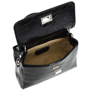 Womens Genuine Leather Small Handbag Glossy Casual Top Handle Crossbody Bag with Turn Lock Oisin Black