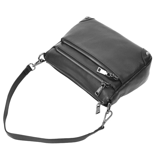 Womens Leather Shoulder Bag Classic Multiple Zip Pockets Handbag A188 Black-8