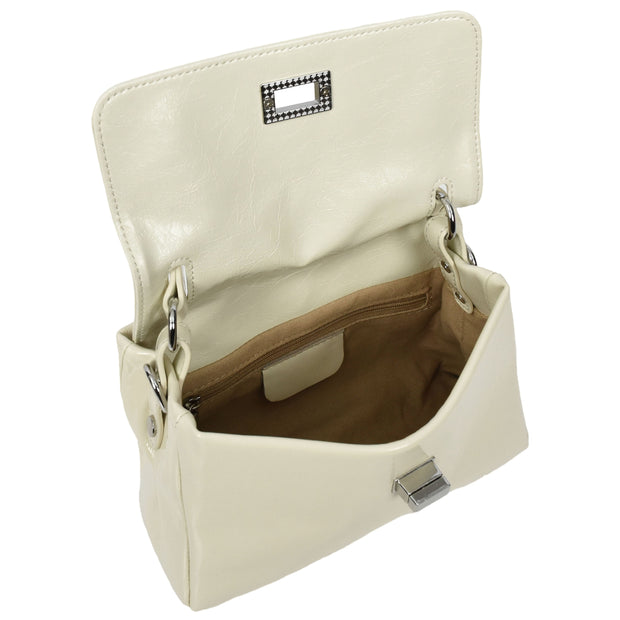 Womens Genuine Leather Small Handbag Glossy Casual Top Handle Crossbody Bag with Turn Lock Oisin White