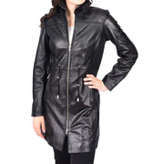Womens Real Leather Jacket Black Trench 3/4 Long Duffle Detachable Hood Coat Luna