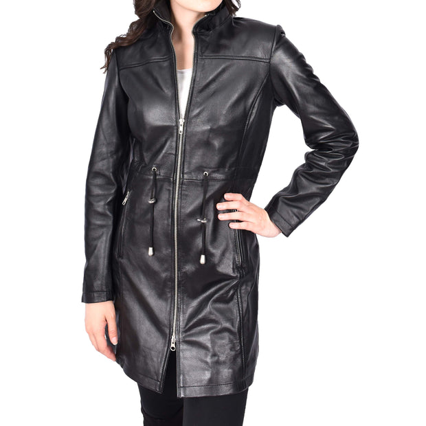 Womens Real Leather Jacket Black Trench 3/4 Long Duffle Detachable Hood Coat Luna