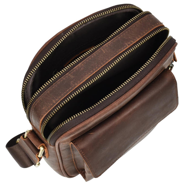Mens Real Leather Messenger Bag Medium Size Travel Crossbody Multiple Zip Pockets Organiser A1371 Rust Brown