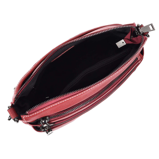 Womens Leather Shoulder Bag Classic Multiple Zip Pockets Handbag A188 Red-5