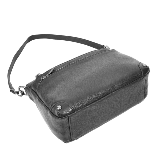 Womens Leather Shoulder Bag Classic Multiple Zip Pockets Handbag A188 Black-7