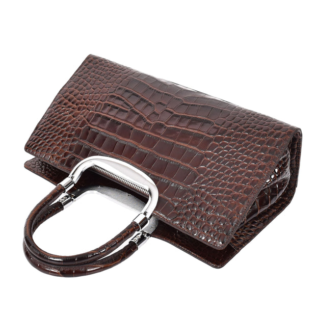 Womens Leather Handbag Croc-Print Casual Fashion Top Handle Tote Bag A880 Brown-6