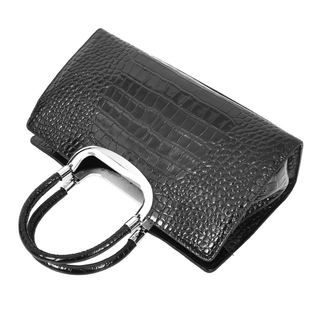 Womens Leather Handbag Croc-Print Casual Fashion Top Handle Tote Bag A880 Black-6