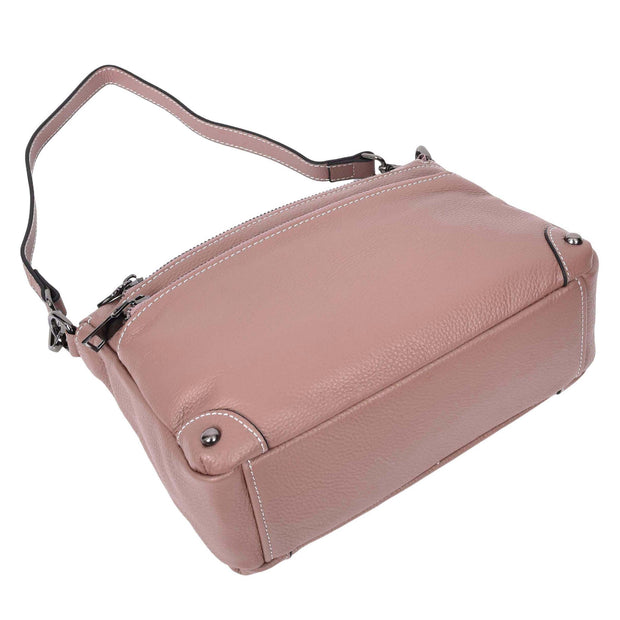 Womens Leather Shoulder Bag Classic Multiple Zip Pockets Handbag A188 Rose-6