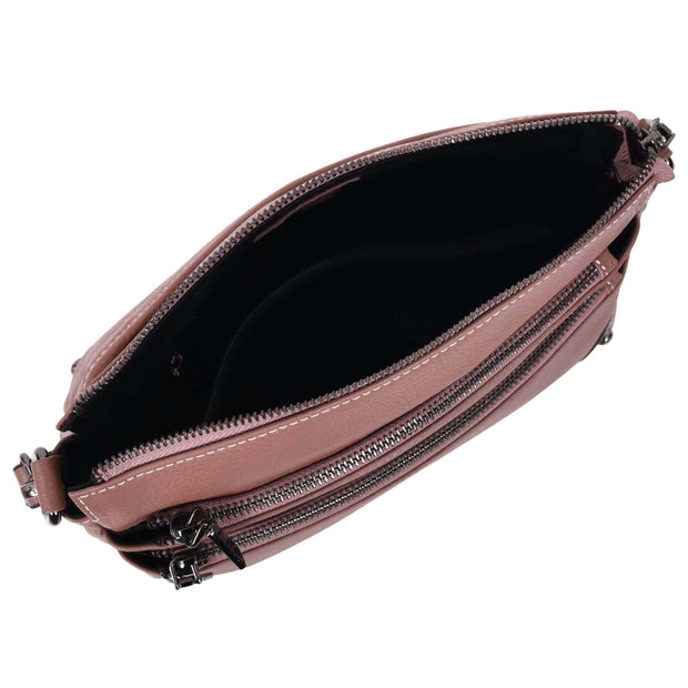 Womens Leather Shoulder Bag Classic Multiple Zip Pockets Handbag A188 Rose-5