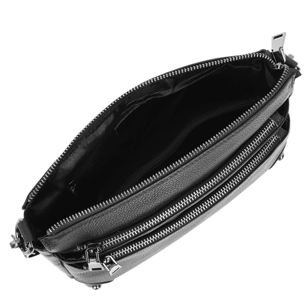 Womens Leather Shoulder Bag Classic Multiple Zip Pockets Handbag A188 Black-6