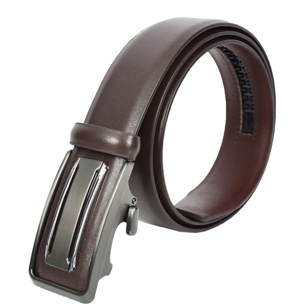 Men's Real Leather Automatic Ratchet Belt with Sliding Buckle Casual Style A02 Brown
