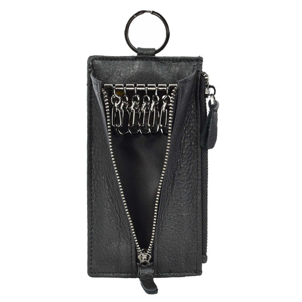 Genuine Leather Large Lightweight Key Case Wallet Car Key Holder Zipper Pouch A633 Black