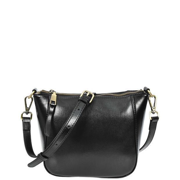 Womens Genuine Leather Cross Body Bag Small Zip Top Sling Handbag Liv Black