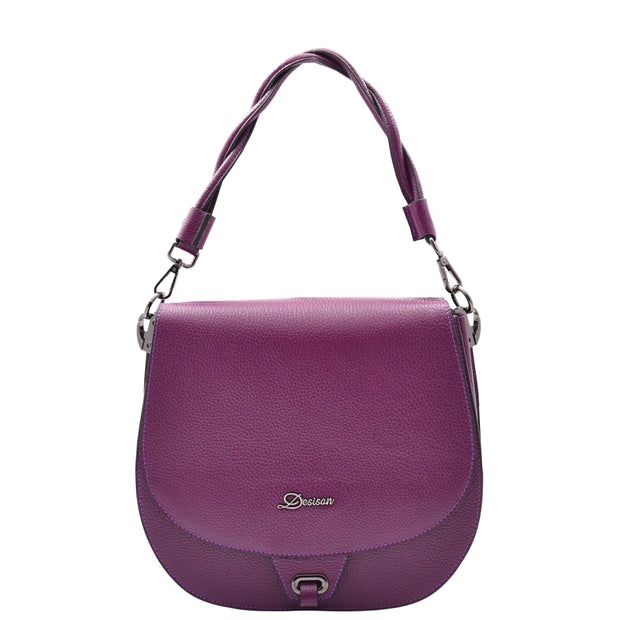 Womens Premium Leather Shoulder Saddle Bag Multi Pocket Handbag A6080 Purple