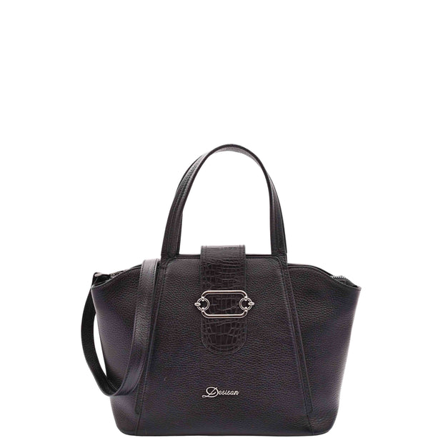 Womens Real Leather Handbag Croc Trim Casual Outgoing Fashion Tote Bag A6058 Black