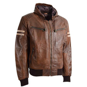 Mens Jacket Real Leather Bomber Zip Detachable Hoodie BRUNO Cognac 1