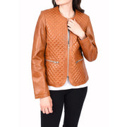 Womens Collarless Cognac Leather Jacket Fitted Quilted Zip Up - Remi