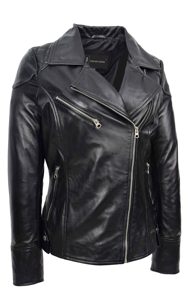 Womens Leather Biker Jacket Cross Zip Style Tina Black 1