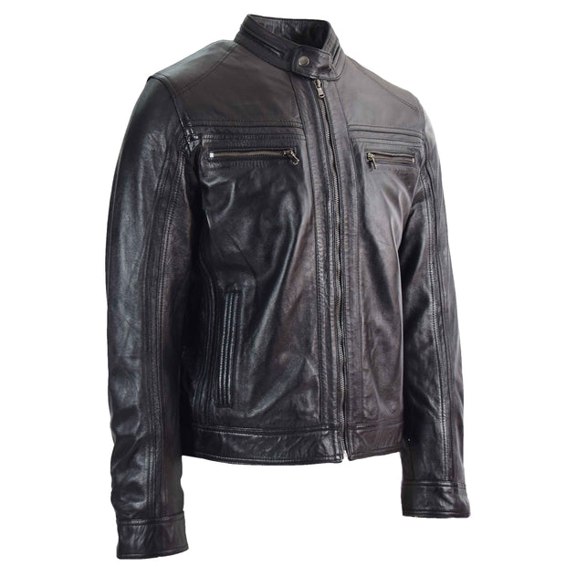 Mens Leather Biker Jacket Vintage Band Collar Fitted CALVIN Black