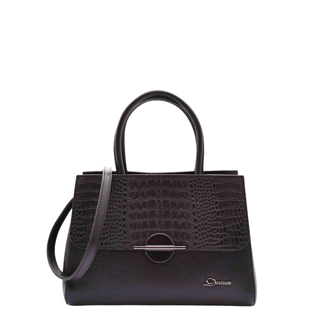 Womens Exclusive Leather Handbag Medium Casual Outgoing Tote Croc Trim Bag A4031 Black