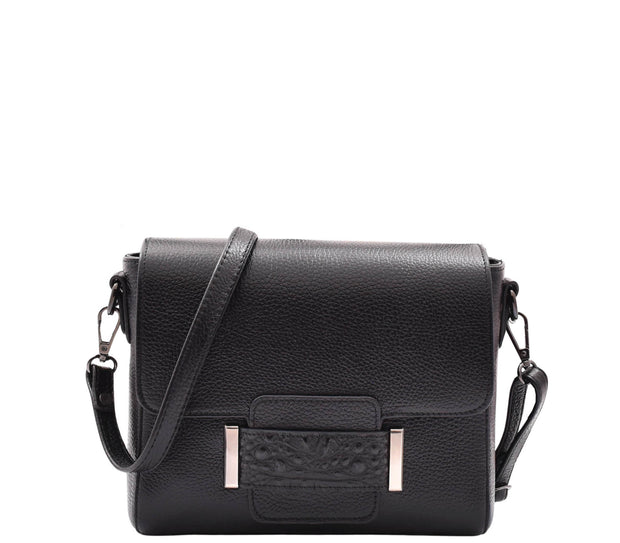 Womens Leather Messenger Bag Croc Trim Cross Body Fashion Handbag A2045 Black