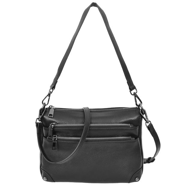 Womens Leather Shoulder Bag Classic Multiple Zip Pockets Handbag A188 Black-9