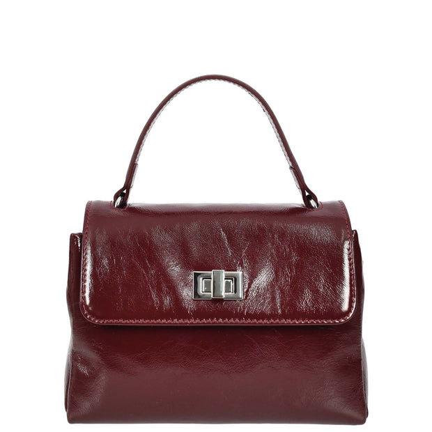 Womens Genuine Leather Small Handbag Glossy Casual Top Handle Crossbody Bag with Turn Lock Oisin Burgundy