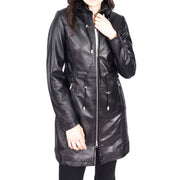 Womens Real Leather Jacket Black Trench 3/4 Long Duffle Detachable Hood Coat Luna