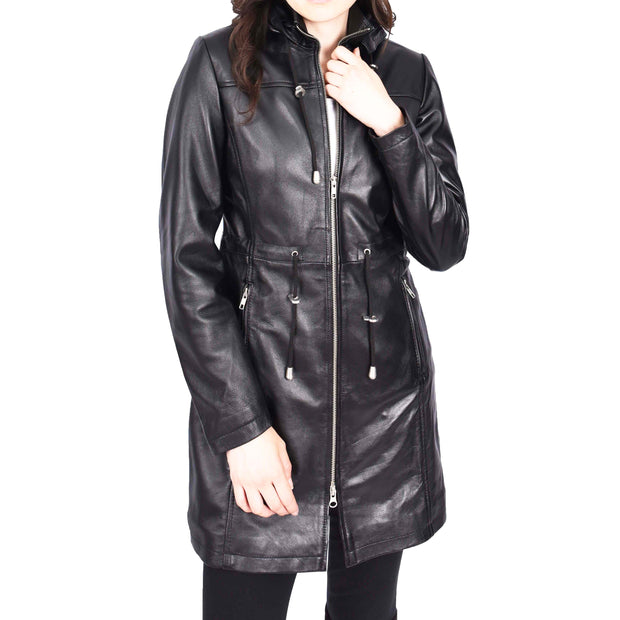 Womens Real Leather Jacket Black Trench 3/4 Long Duffle Detachable Hood Coat Luna