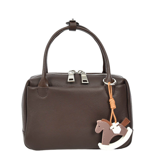 Womens Leather Mini Handbag with Rocking Horse Charm Girls Casual Fashion Tote Lori Brown