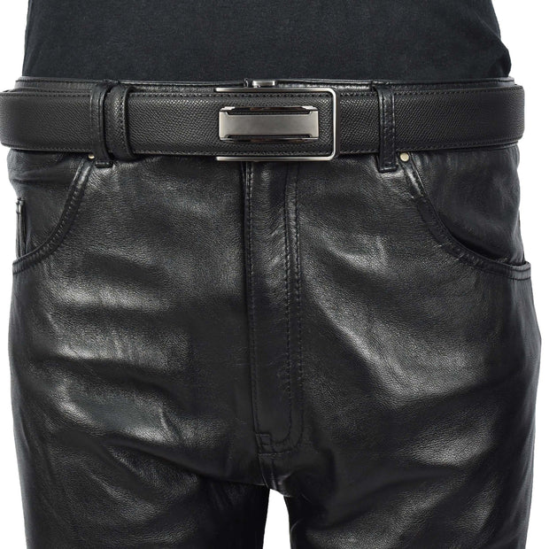 Men's Real Leather Automatic Ratchet Belt with Sliding Buckle Casual Style A02 Black
