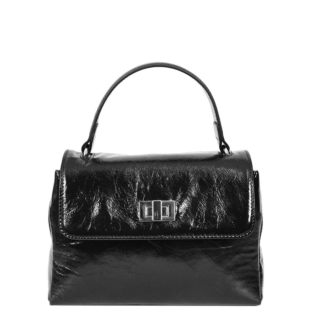 Womens Genuine Leather Small Handbag Glossy Casual Top Handle Crossbody Bag with Turn Lock Oisin Black